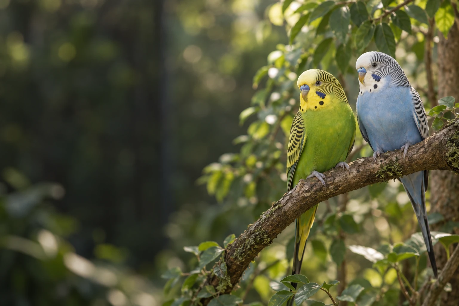 Green and blue budgerigars perched together