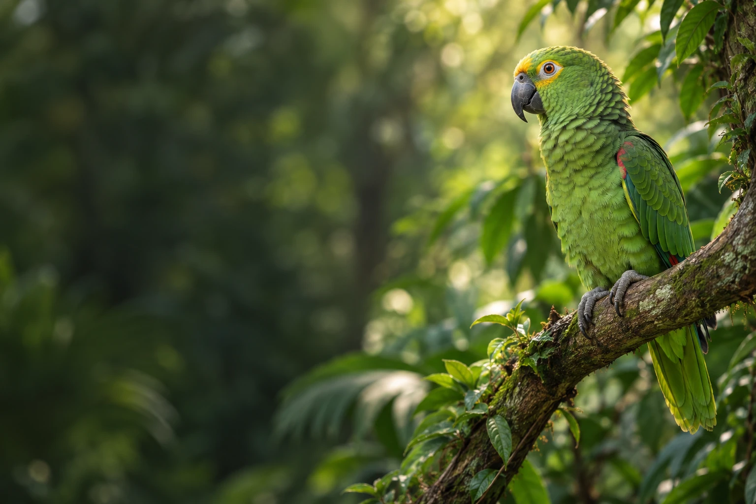 A green parrot perched on a natural branch