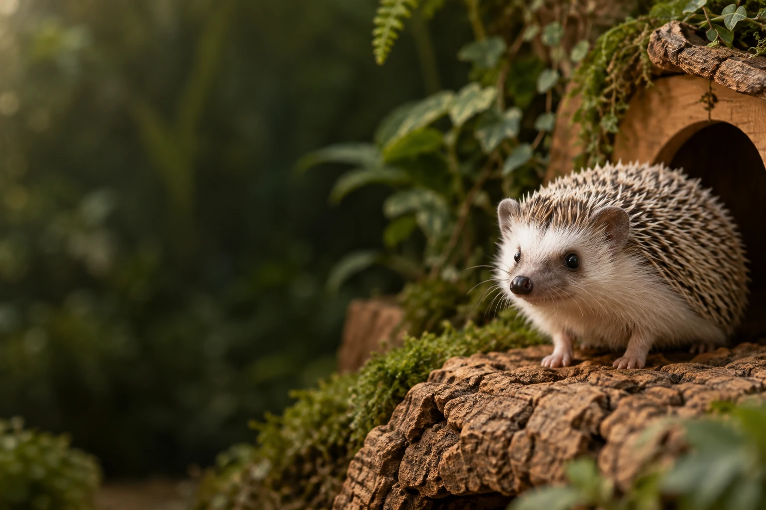 An African pygmy hedgehog beside a sheltered hide