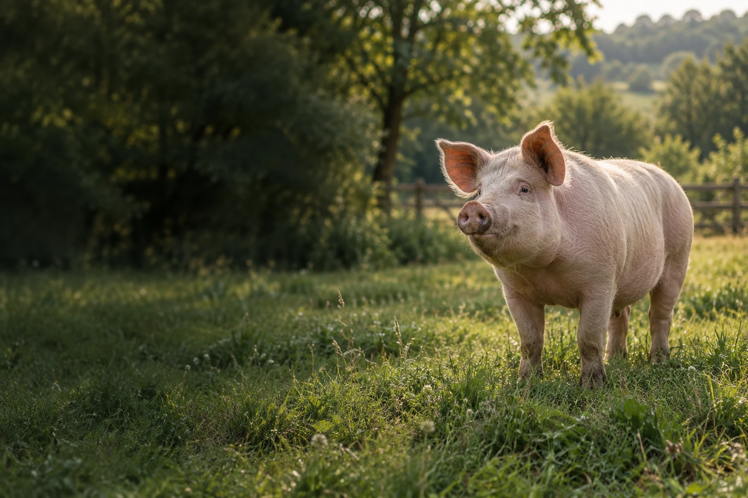A domestic pig in a grassy paddock
