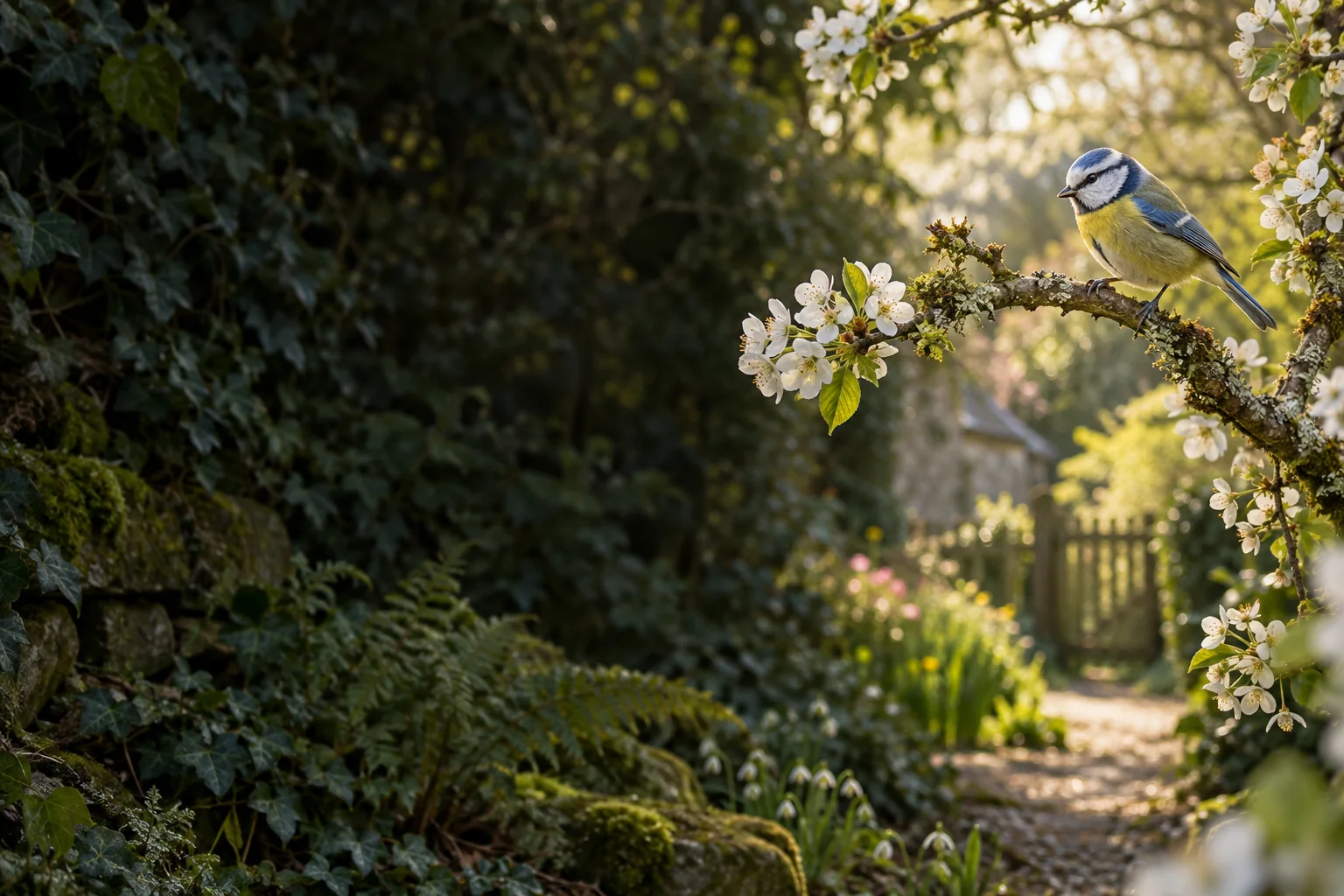 A blue tit on a blossom-covered branch
