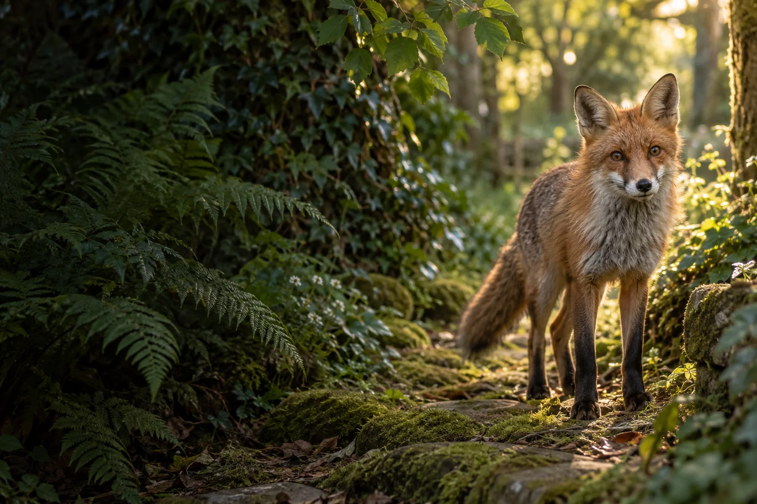 A red fox on a mossy woodland path