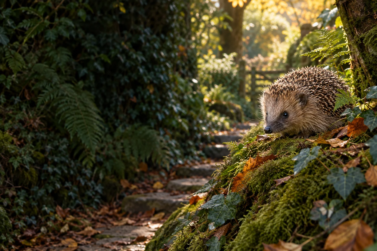 A hedgehog exploring a mossy bank among ferns