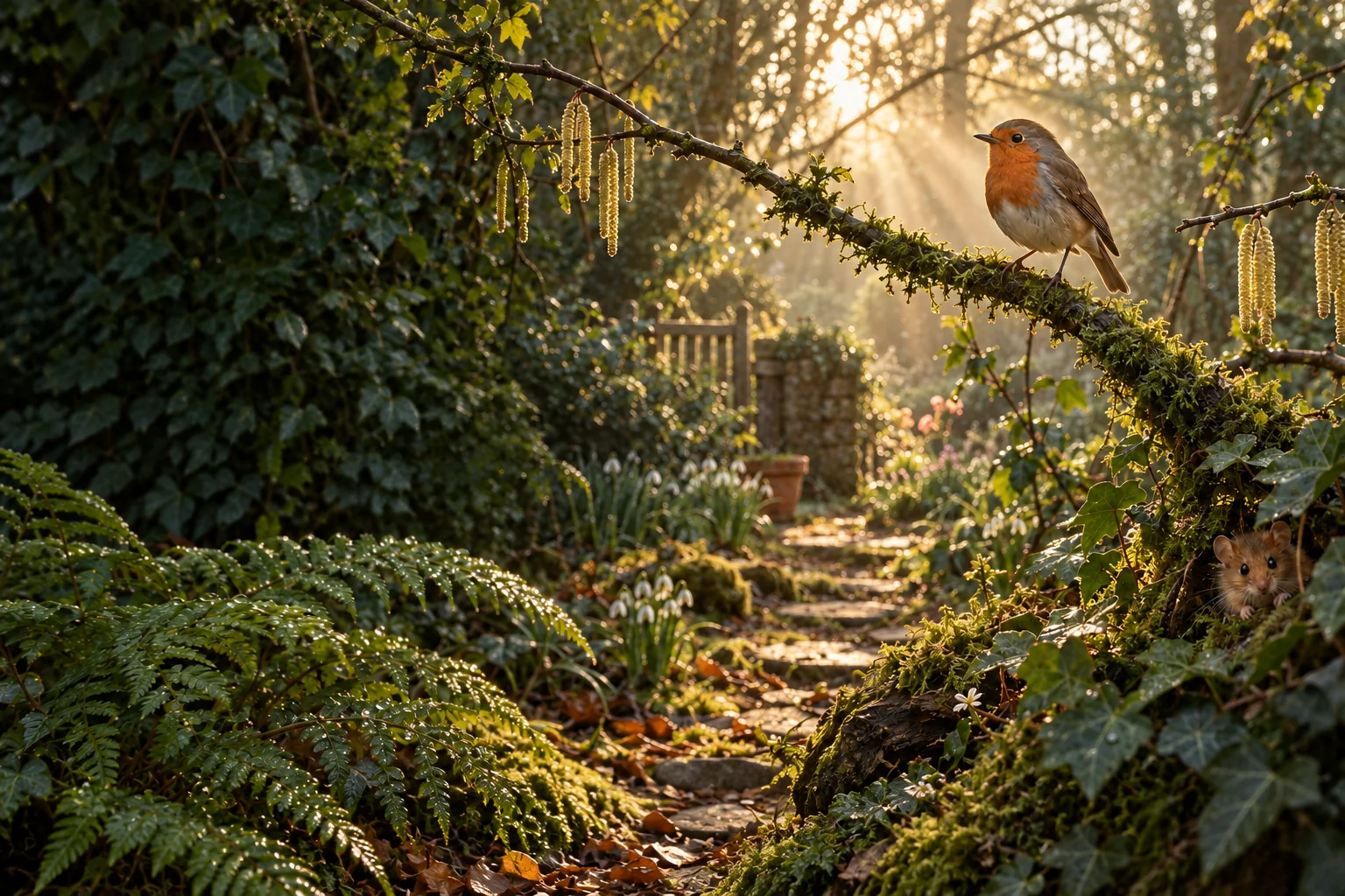 A robin on an arching mossy branch beside a sunlit garden path, with a dormouse among the ivy