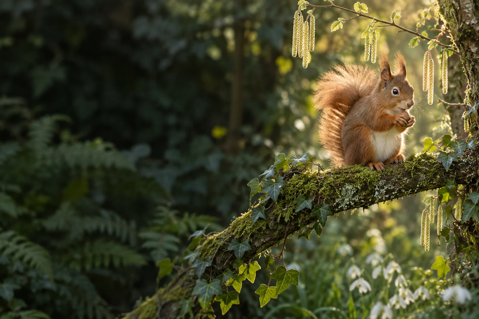 A red squirrel perched on a mossy branch