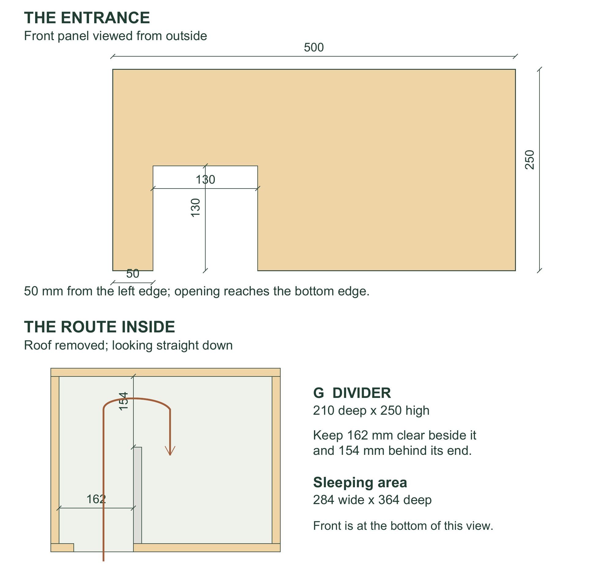 Plan view of a 130 millimetre house entrance leading around a divider into a separate sleeping area