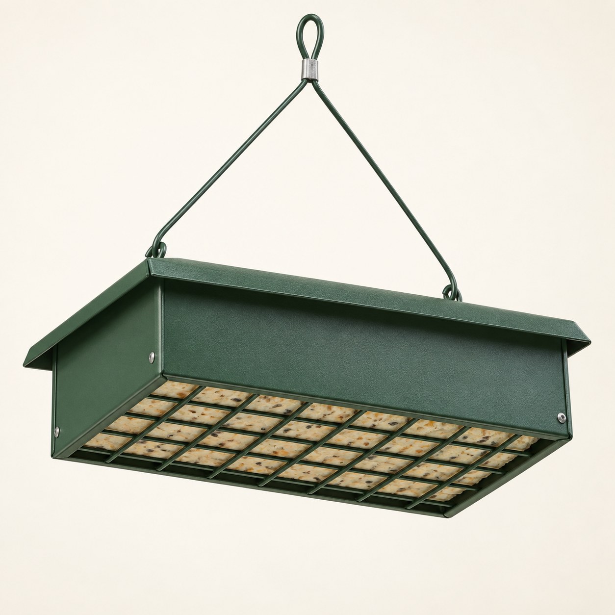 Illustration of a suet feeder with solid sides and food access through its underside grid