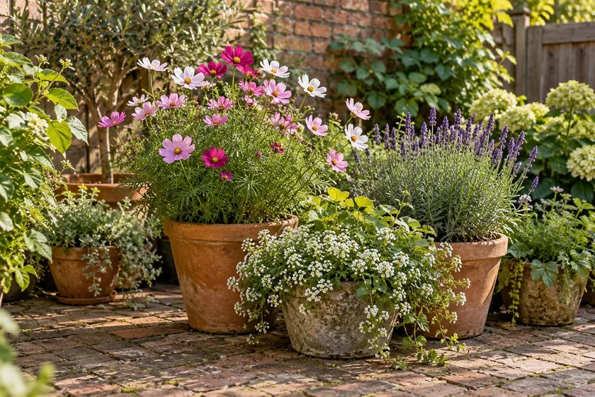 Flowering plants in terracotta pots on a small brick patio