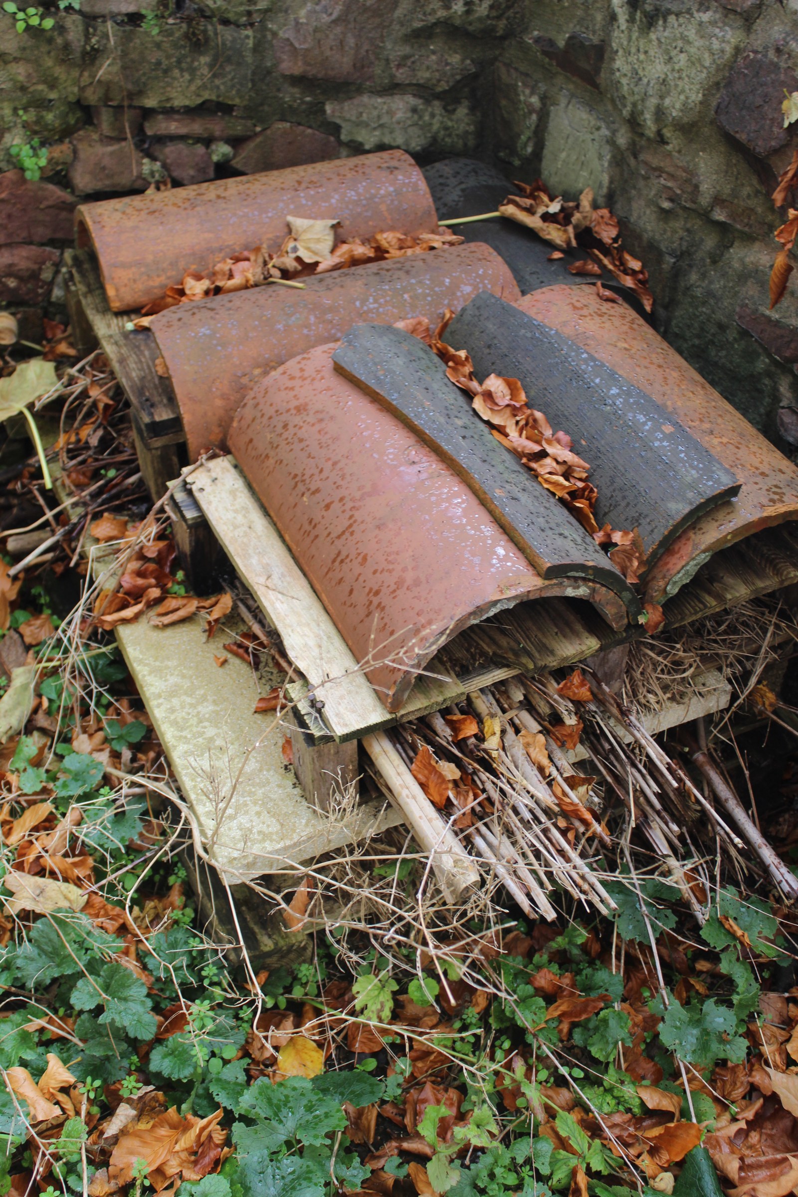 A homemade hedgehog shelter covered with curved roof tiles, sticks and fallen leaves